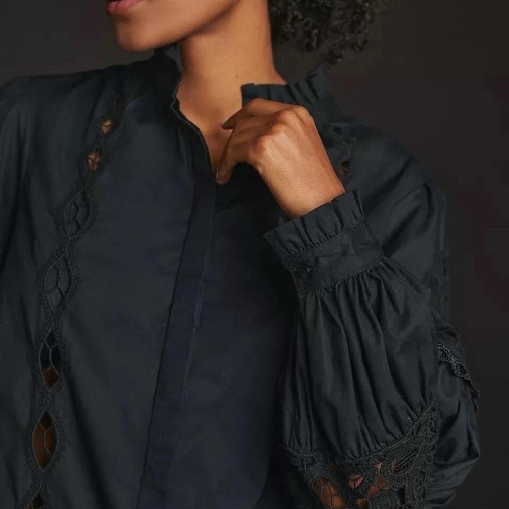 Anthropologie‎ Black Lace Eyelit Long Sleeve Button Down Collared Shirt Size S - Picture 3 of 8